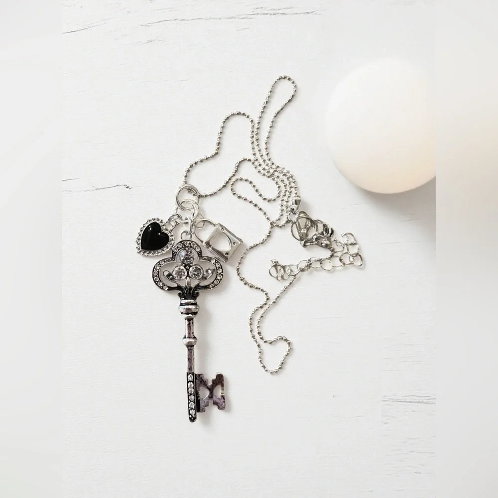 Gorgeous Black and Silver Toned Heart Lock and Key Pendant Necklace
